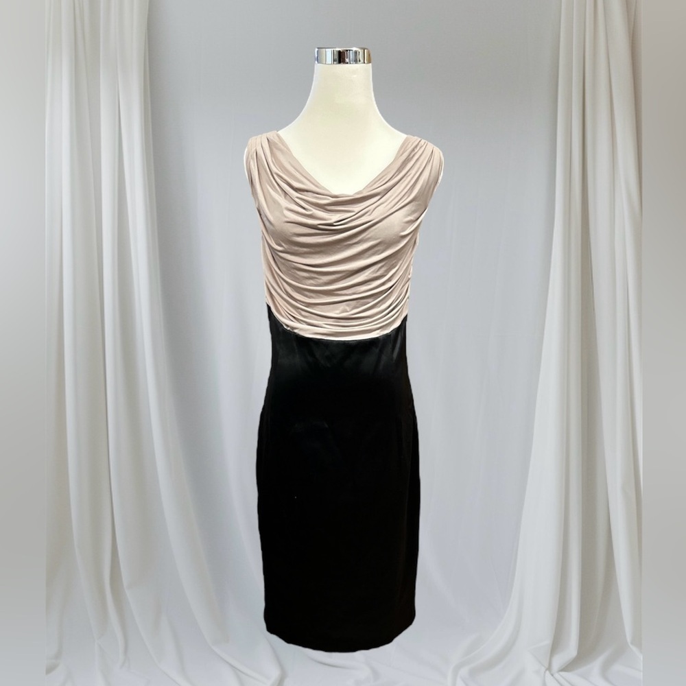 Venus Women's Beige Black Cowl Midi Pencil Dress Party Cocktail Lace Back Size 4
